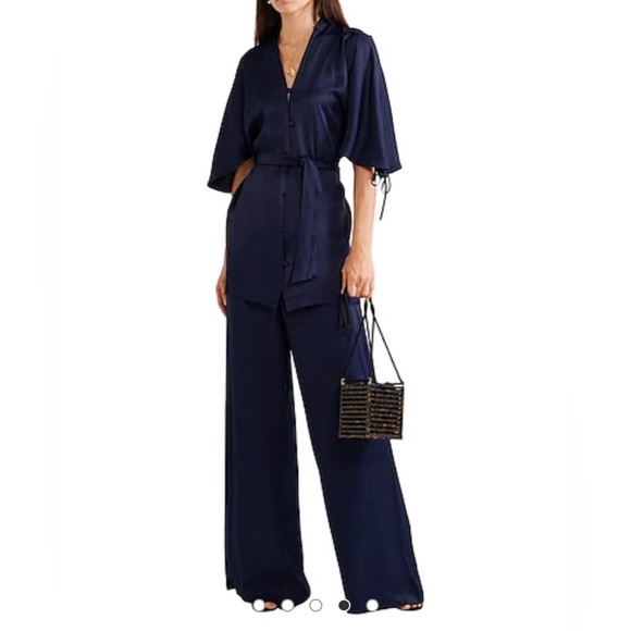 Les Heroines by Vanessa Cocchiaro Wide Leg Trouser Pants Navy Blue Satin Size 8 - Picture 1 of 13